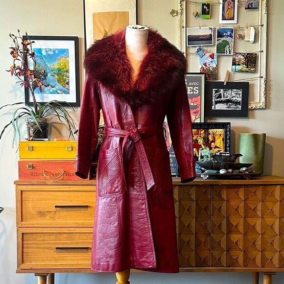 Vintage Jackets & Blazers - Vintage 1-of-a-Kind Burgundy-Red Leather Jacket with Ombré Collar